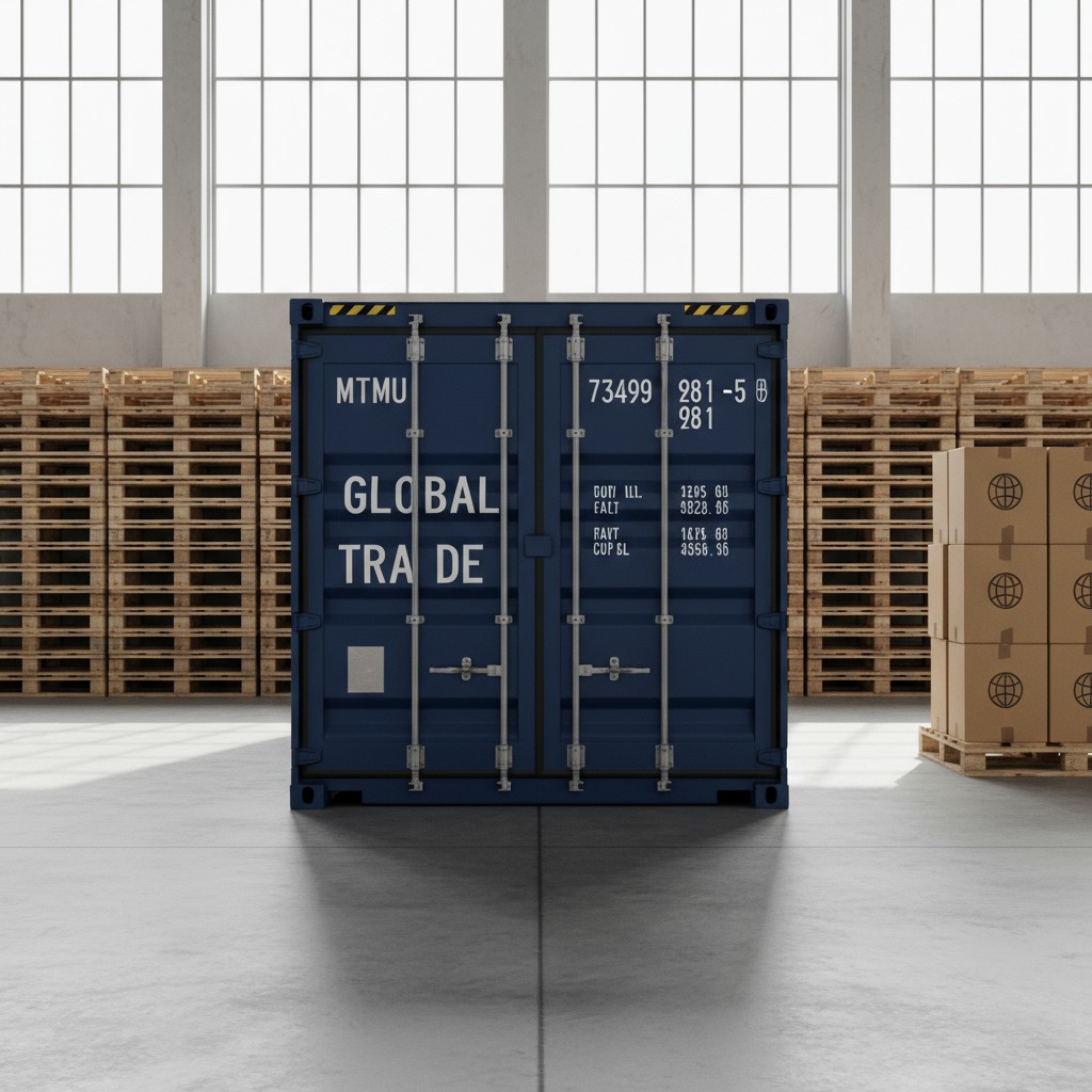 Warehouse with pallets and cardboard stacking in front of a shipping container on concrete floors.