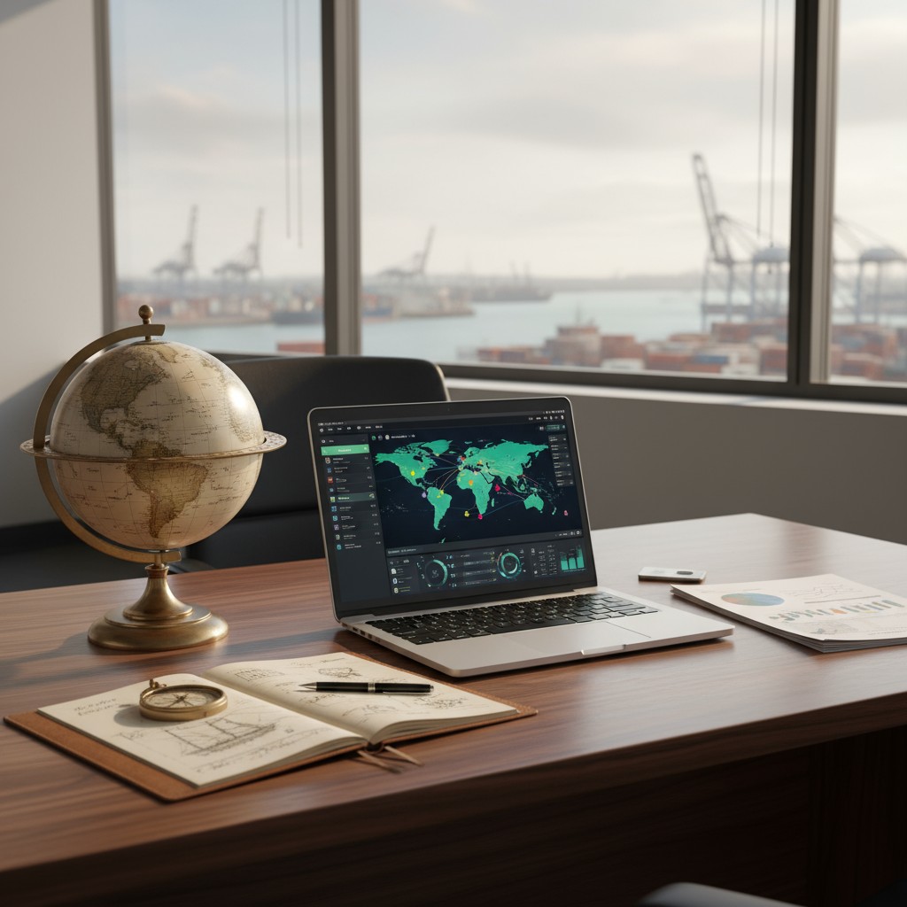 Office desk with laptop displaying a world map, nearby objects, and large shipping dock visible out the window.