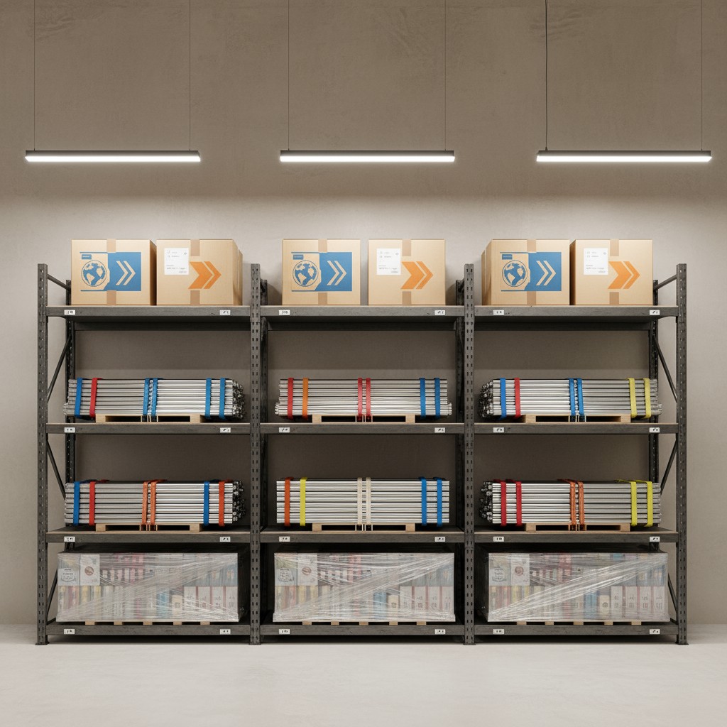 Multiple rows of shelving units storing classroom supplies, double rows of four shelves at foot height, each with supplies...