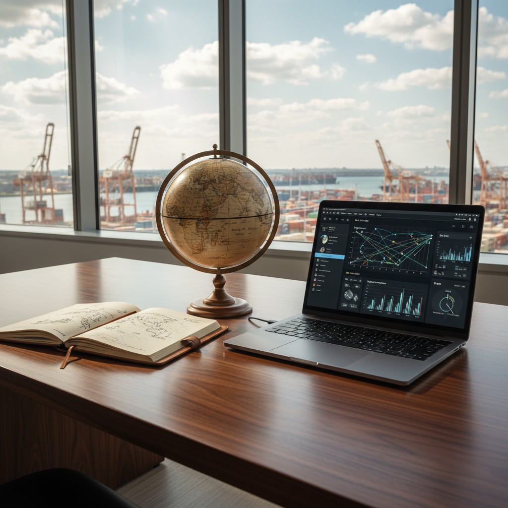 A modern office desk with a laptop and globe, set against a window overlooking a port with a clear blue sky and scattered ...