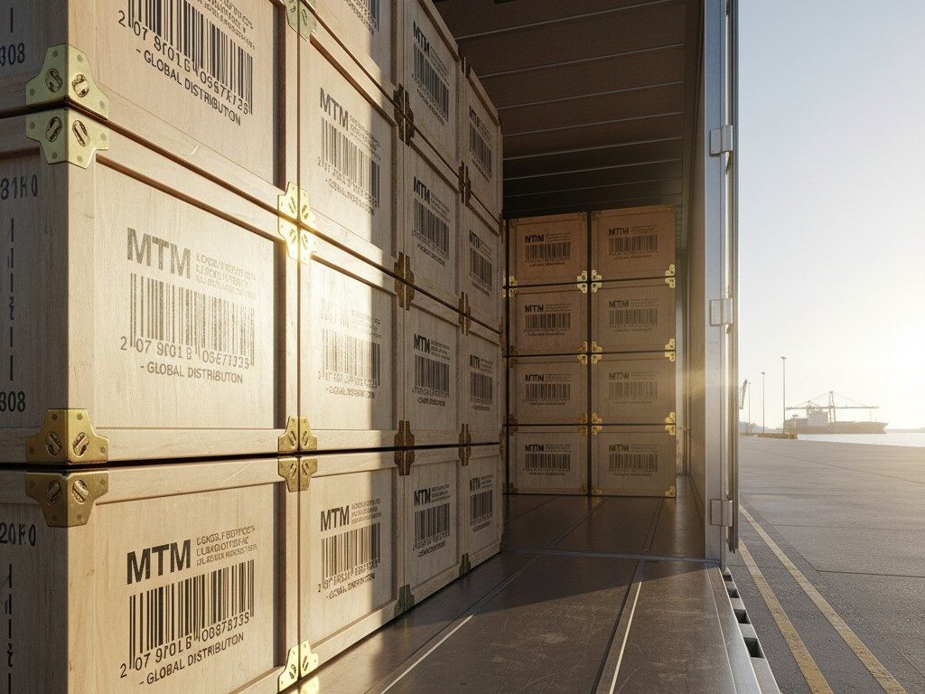 A large shipping truck with the door open and stacked wooden crates containing a supply inside, with an industrial area in...